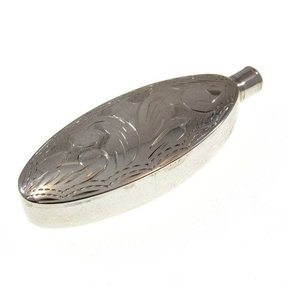 Solid 925 Sterling Silver Etched Oval Perfume Bottle / Flask with Dip Stick - Picture 5 of 6
